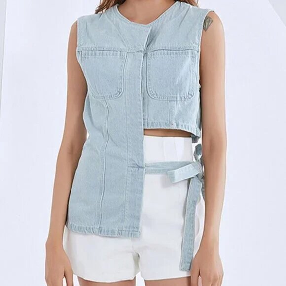 Cutout Sleeveless Denim Vest Jacket With Half Tie Belt - Picture 4 of 6